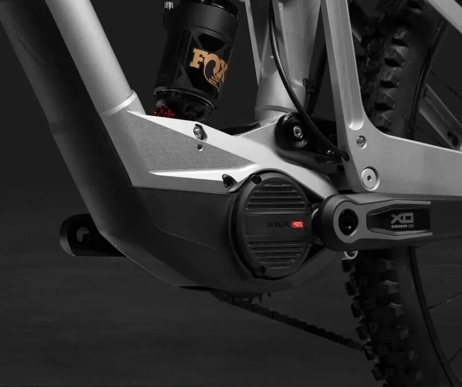 Close-up of the DJI Avinox motor on the silver frame of an Atherton e-MTB
