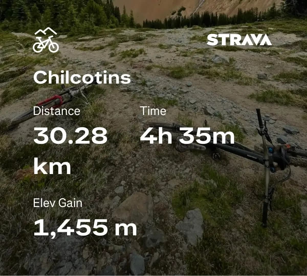 Riepilogo Strava del giro nei Chilcotins: 30,28 km, 4 h 35 min e 1.455 m di salita