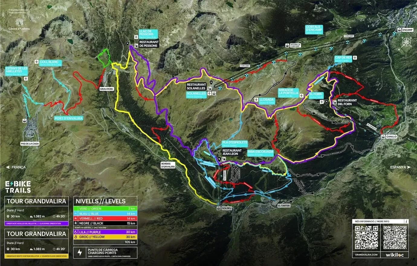 Karte der E-Bike-Trails von Grandvalira mit den Routen farblich nach Schwierigkeit markiert