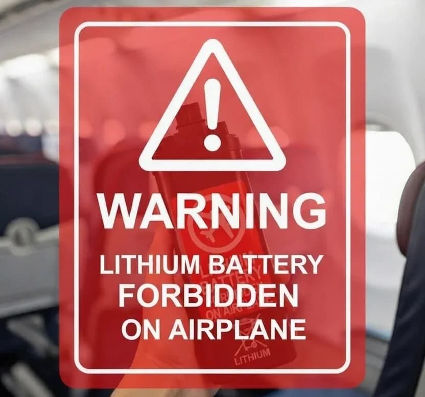 Warnschild im Flugzeug: Lithium-Akku an Bord verboten